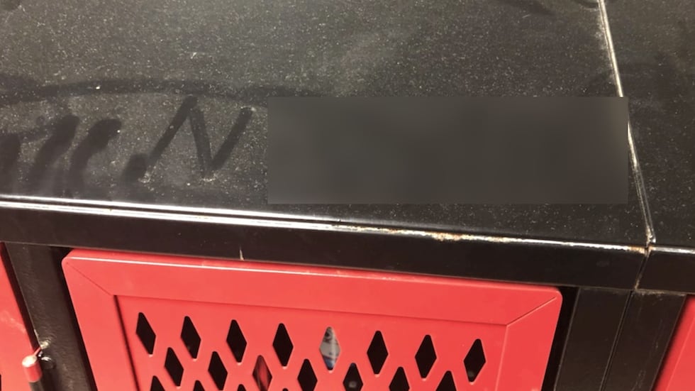N-word (blurred) drawn on top of a locker at Muskego High School.