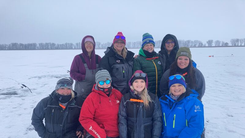 Members of WI Women Fish enjoying ice fishing for perch on the Bay of Green Bay.