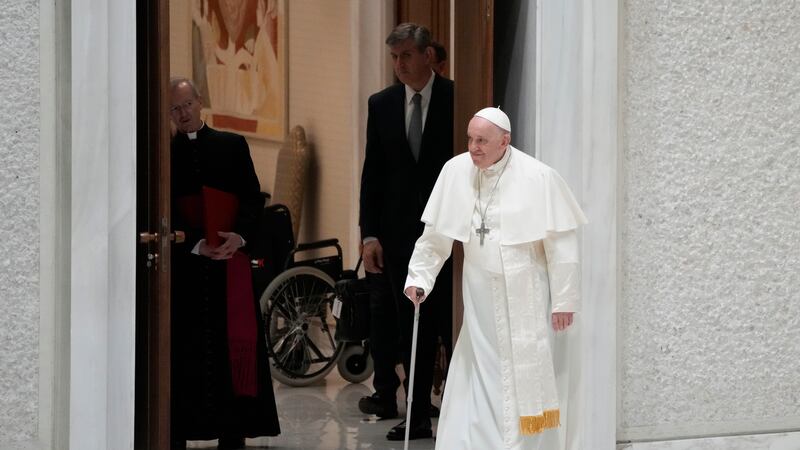 Pope Francis arrives for an audience with pilgrims from Rho diocese, in the Paul VI Hall, at...