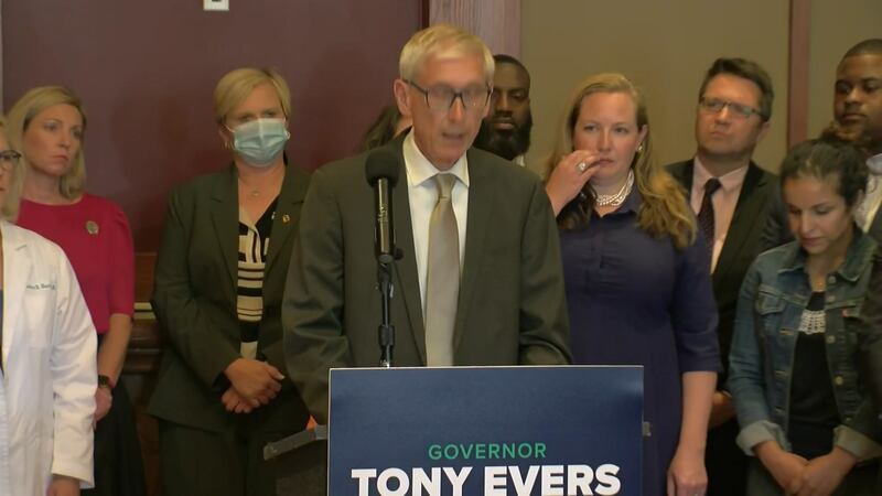 Gov. Tony Evers announces a lawsuit to block Wisconsin's abortion law, on June 28, 2022.