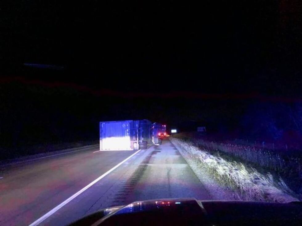 Two semis were overturned by strong winds overnight Dec. 15, 2021 as severe storms came...