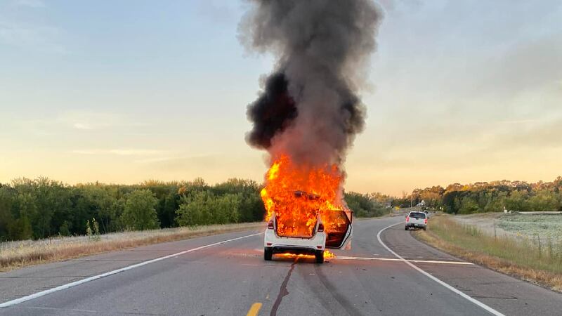 Crews rushed to a car fire after the driver hit a deer.