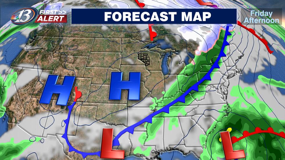 High pressure slides to our south with sunshine and cooler air Friday