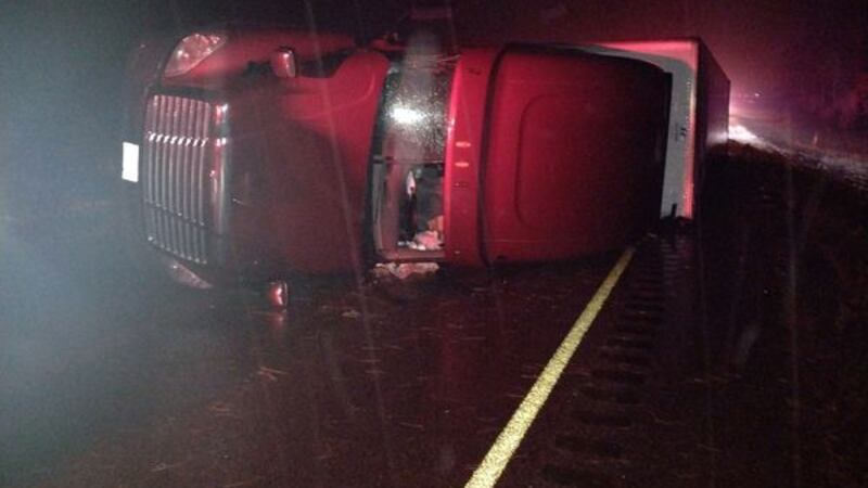 Two semis were overturned by strong winds overnight Dec. 15, 2021 as severe storms came...