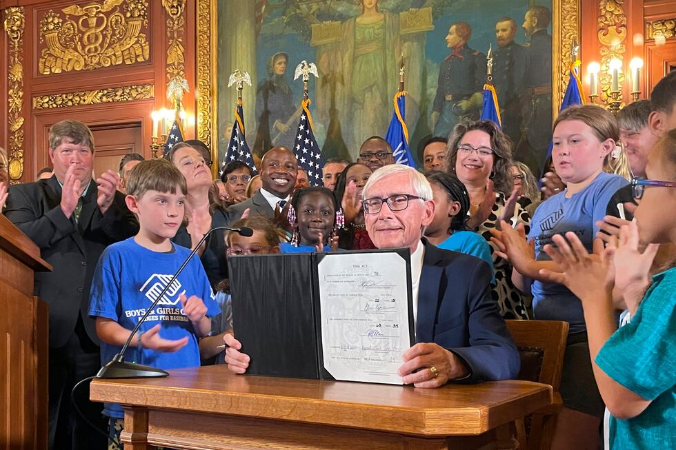 Democratic Wisconsin Gov. Tony Evers displays a two-year budget authored by the Republicans...
