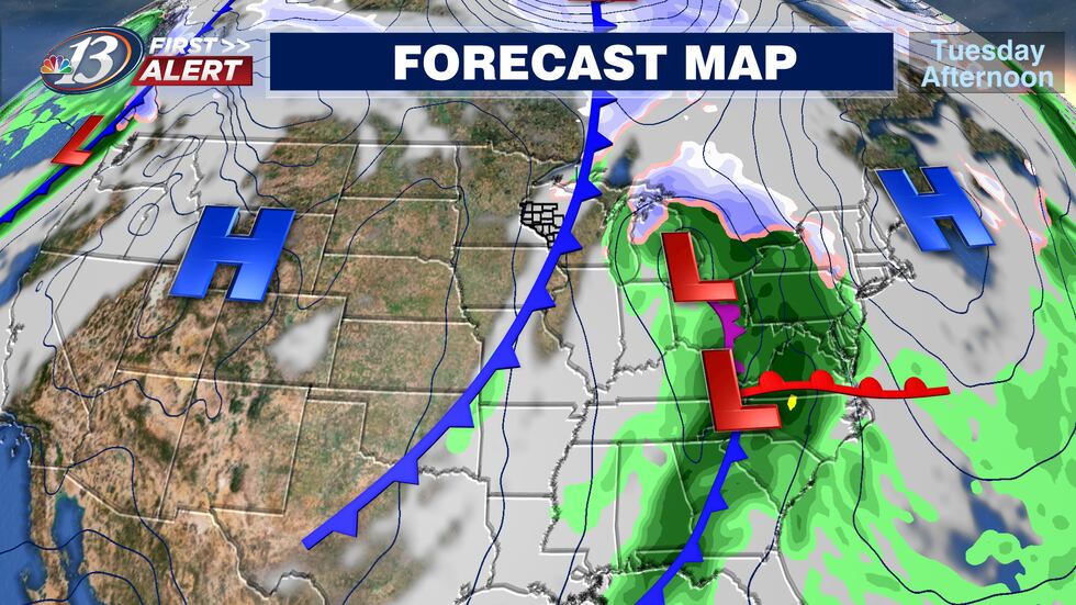 A storm system is moving out to our east, but a cold front will keep us cloudy Tuesday. Behind...