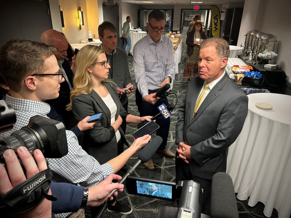 Dan Kelly speaks with members of the press on March 1 at a Wisconsin Counties Association event.