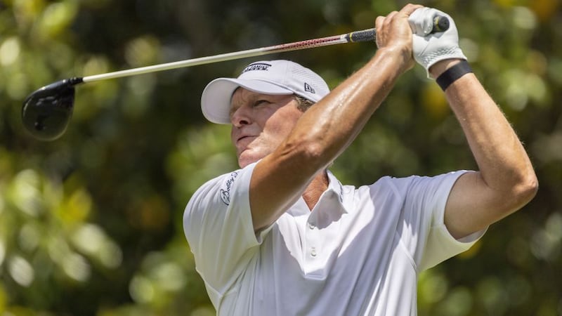 Steve Stricker tees off on two during the final day at the Regions Tradition, a PGA Tour...