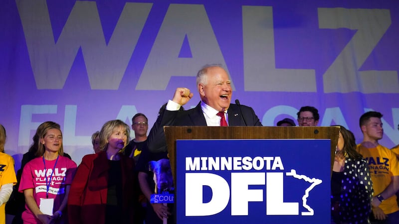 Minnesota Gov. Tim Walz speaks to the crowd at the DFL election-night party after winning...