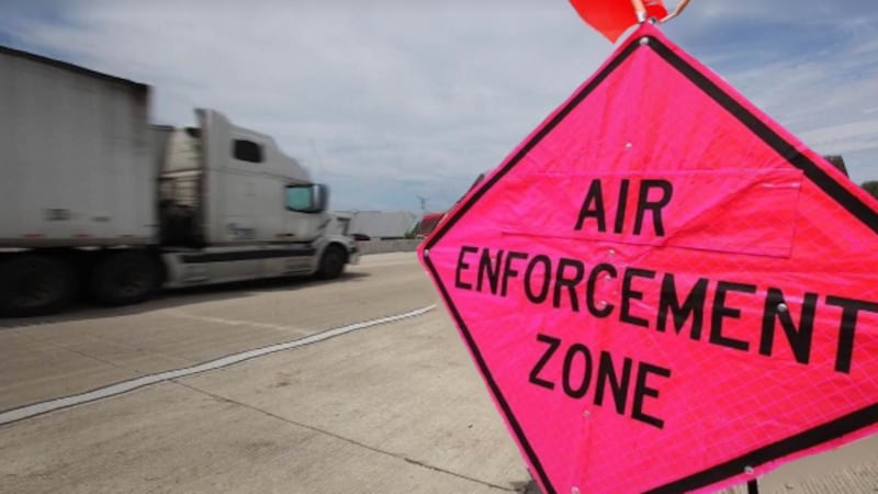 A sign noting the zone in which the Wisconsin State Patrol is conducting aerial enforcement of...