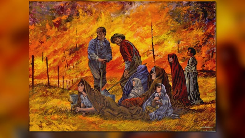 A mural inside the Peshtigo Fire Museum depicts the horror of what survivors described as a...