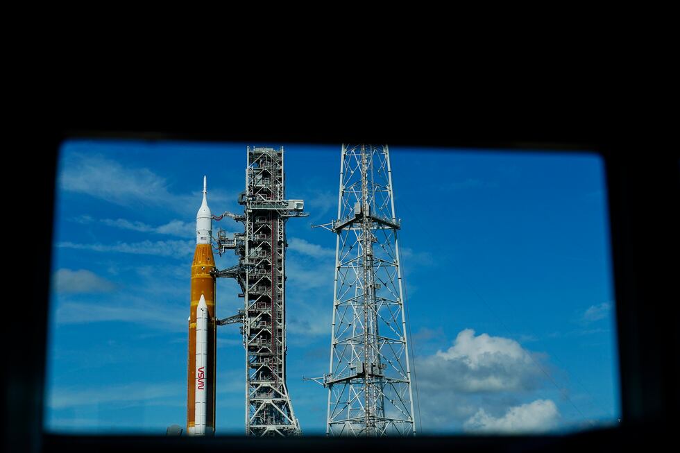 The NASA moon rocket stands on Pad 39B before the Artemis 1 mission to orbit the moon at the...